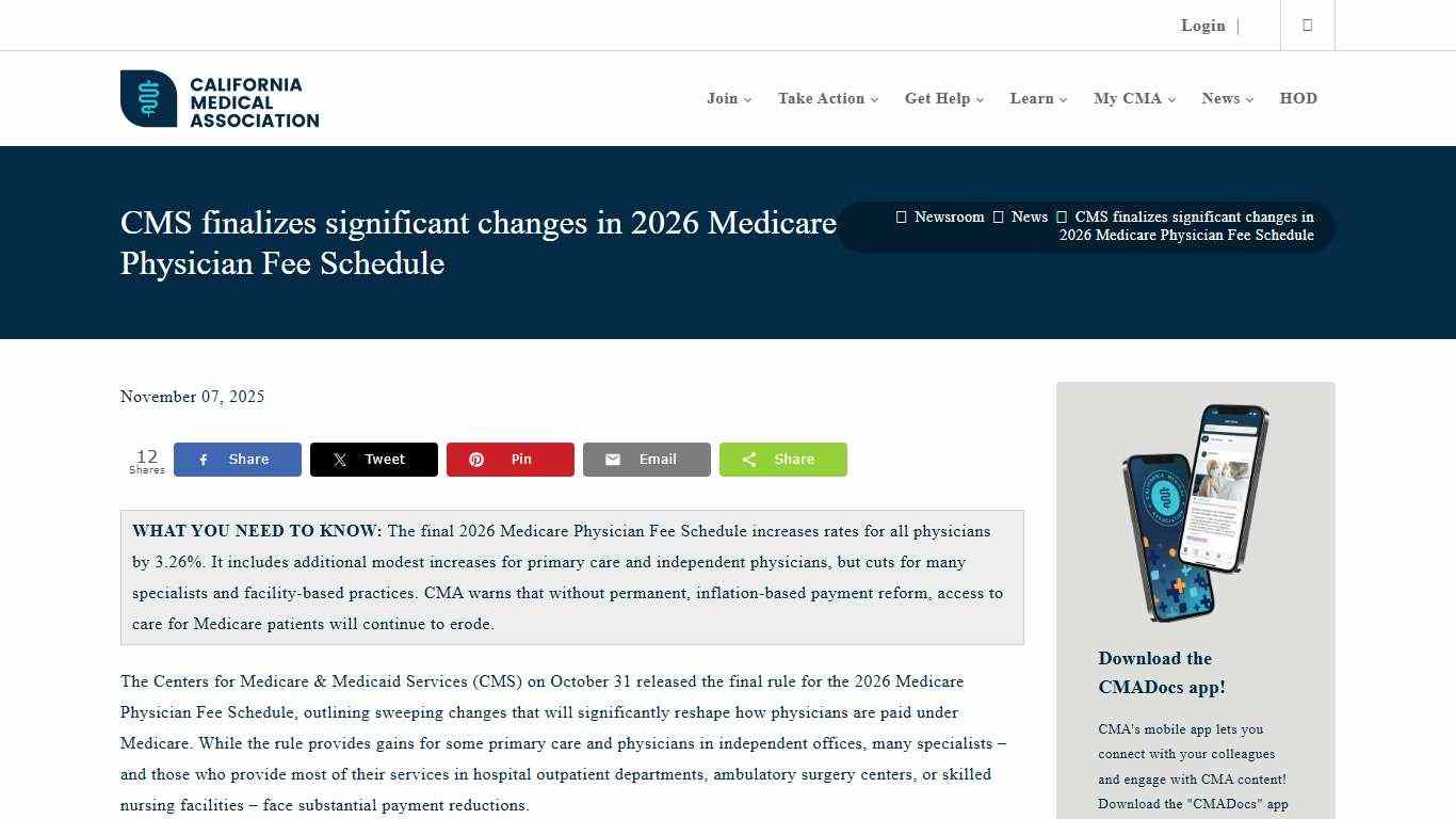 CMS finalizes significant changes in 2026 Medicare Physician Fee Schedule